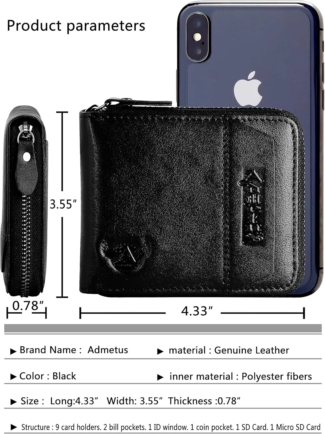 Admetus Men's Genuine Leather Short Zip-around Bifold Wallet