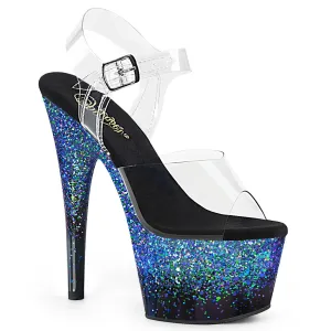 Adore-708SS Clear/Black-Blue Multi Glitter, 7" Heel