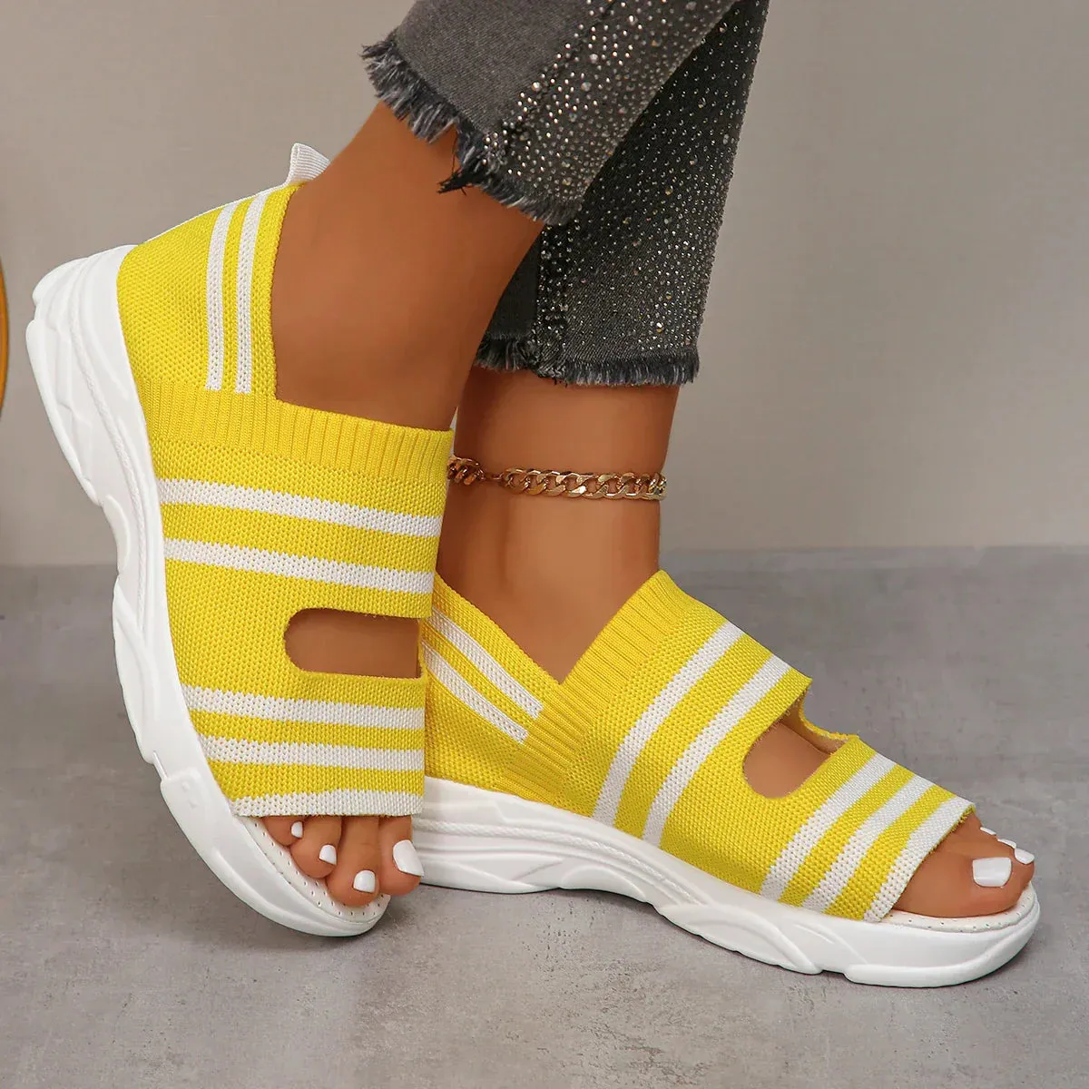 AMOZAE- - Summer Women's Striped Knitted Platform Sandals