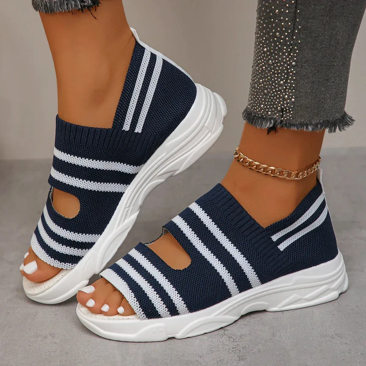 AMOZAE- - Summer Women's Striped Knitted Platform Sandals