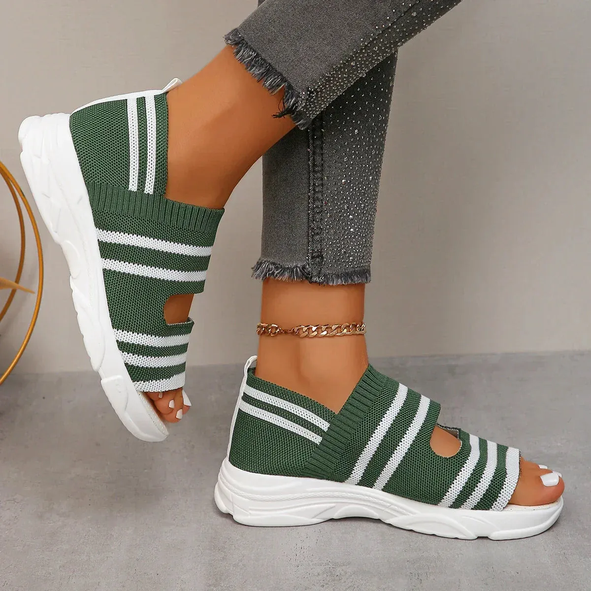 AMOZAE- - Summer Women's Striped Knitted Platform Sandals