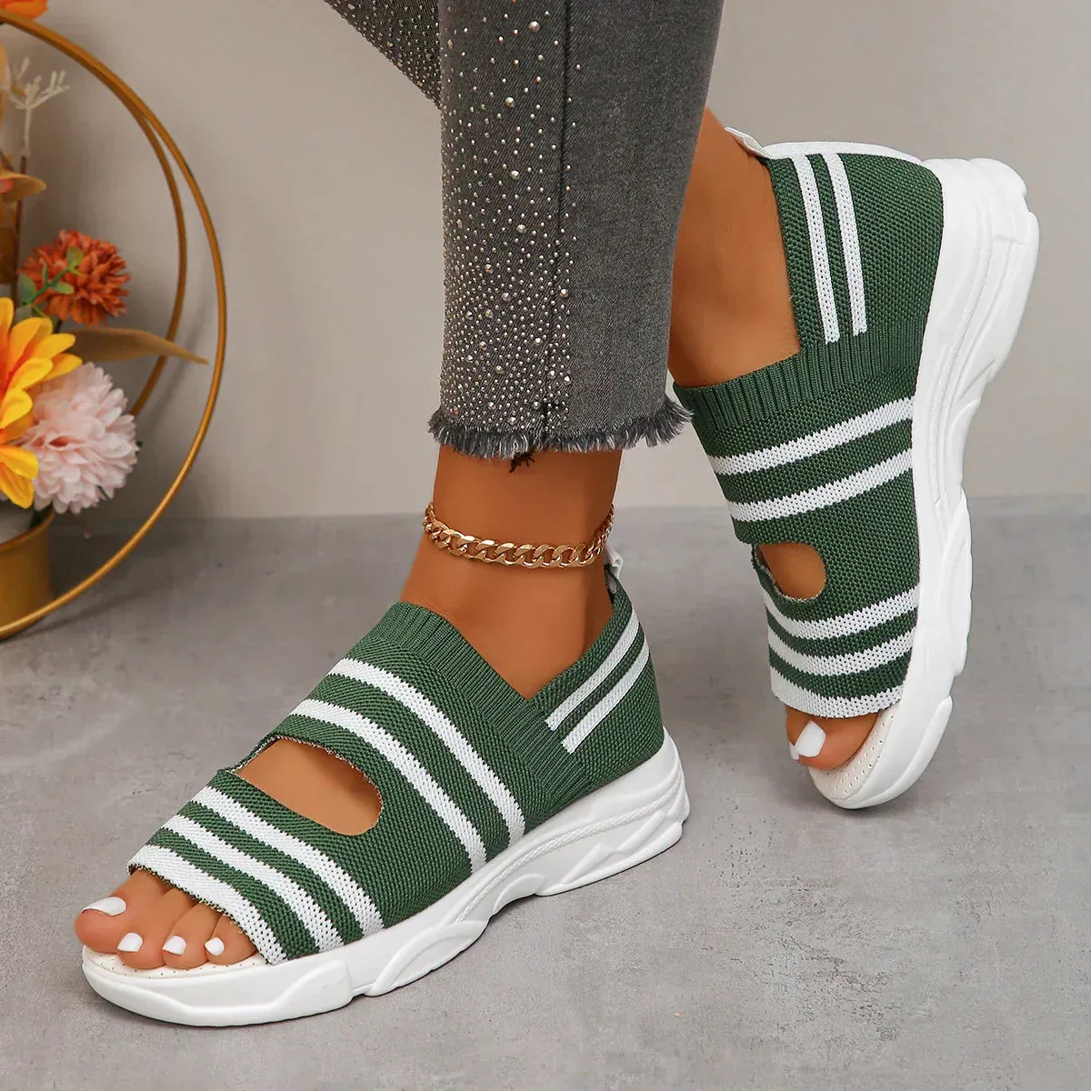AMOZAE- - Summer Women's Striped Knitted Platform Sandals