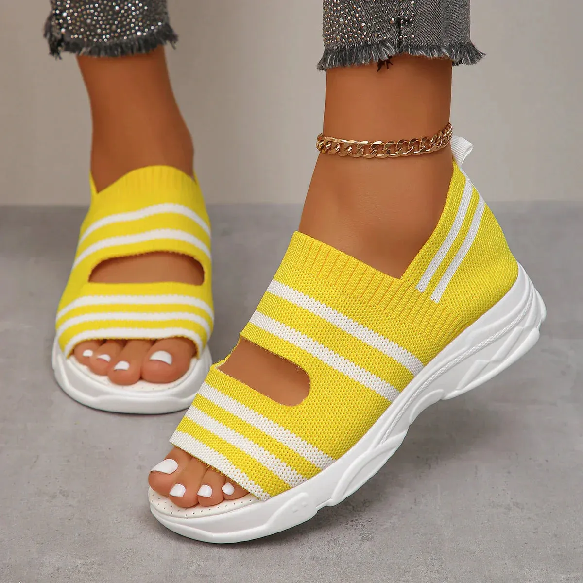 AMOZAE- - Summer Women's Striped Knitted Platform Sandals