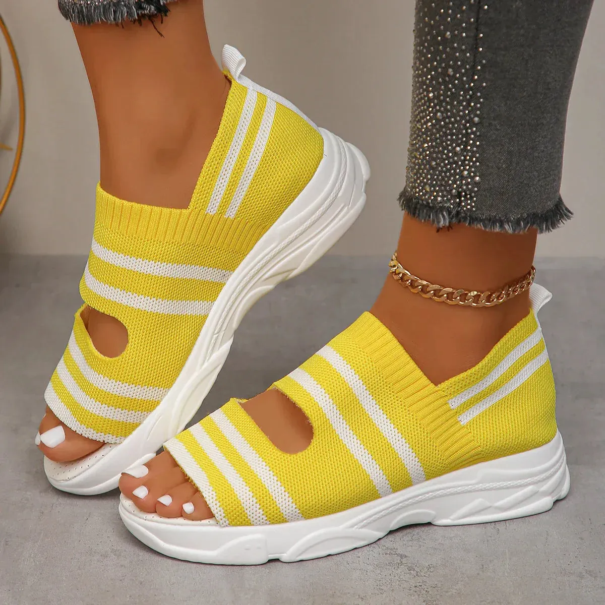 AMOZAE- - Summer Women's Striped Knitted Platform Sandals
