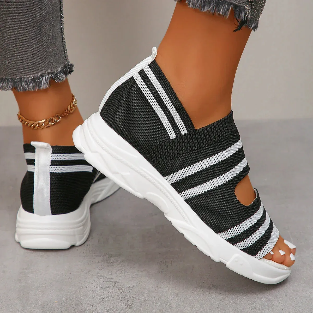 AMOZAE- - Summer Women's Striped Knitted Platform Sandals