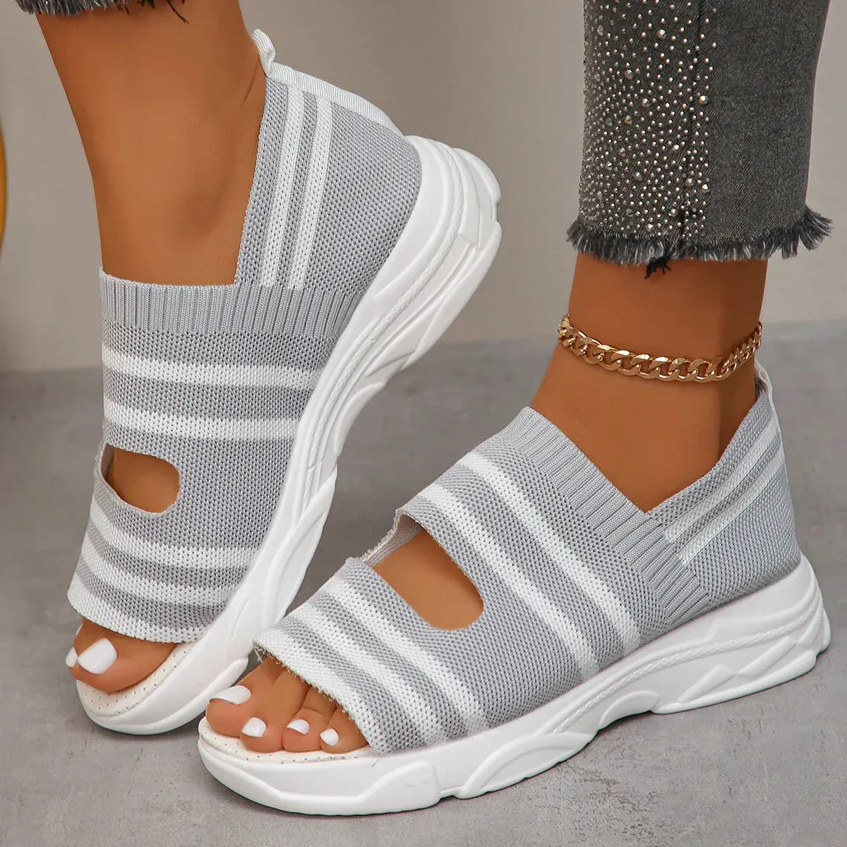 AMOZAE- - Summer Women's Striped Knitted Platform Sandals