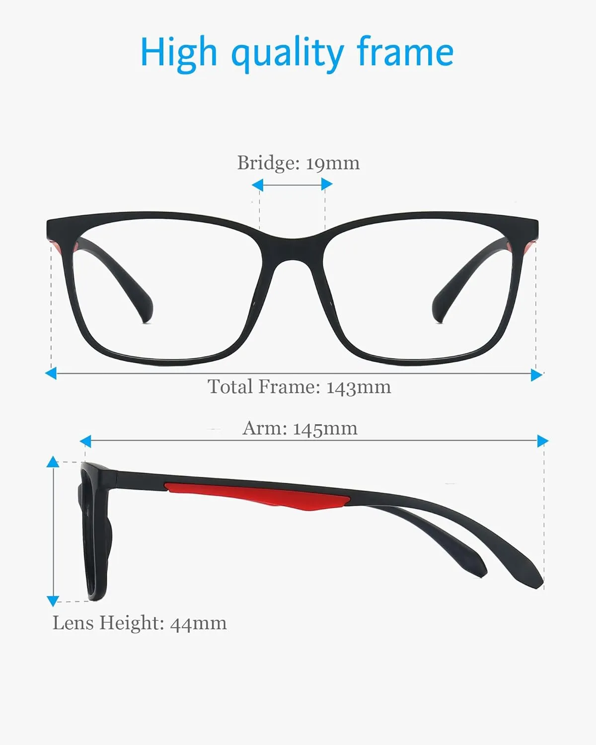 ANRRI Blue Light Blocking Glasses, Anti Eyestrain Lens Lightweight Frame Eyeglasses, Black Fream Red Temple, Men/Women