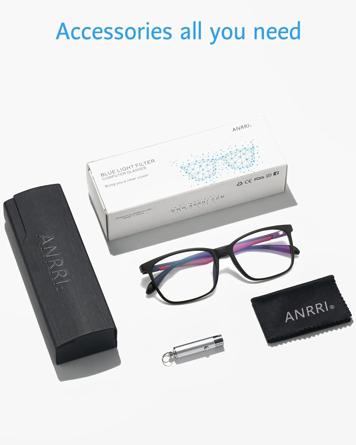 ANRRI Blue Light Blocking Glasses, Anti Eyestrain Lens Lightweight Frame Eyeglasses, Black Fream Red Temple, Men/Women