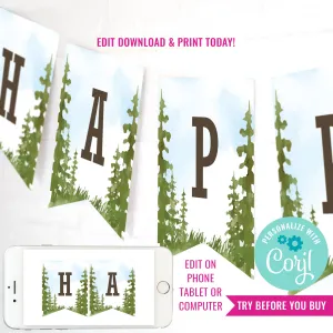 Camping Party Happy Birthday Banner for a Boy | Watercolor Campout Banner