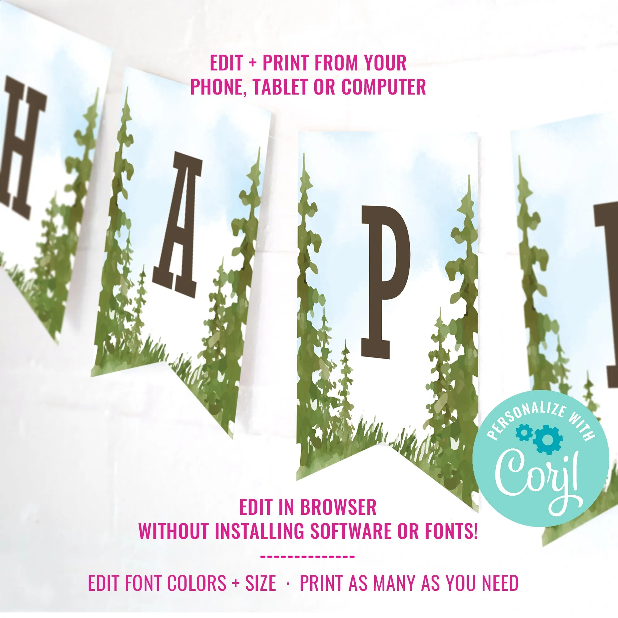 Camping Party Happy Birthday Banner for a Boy | Watercolor Campout Banner