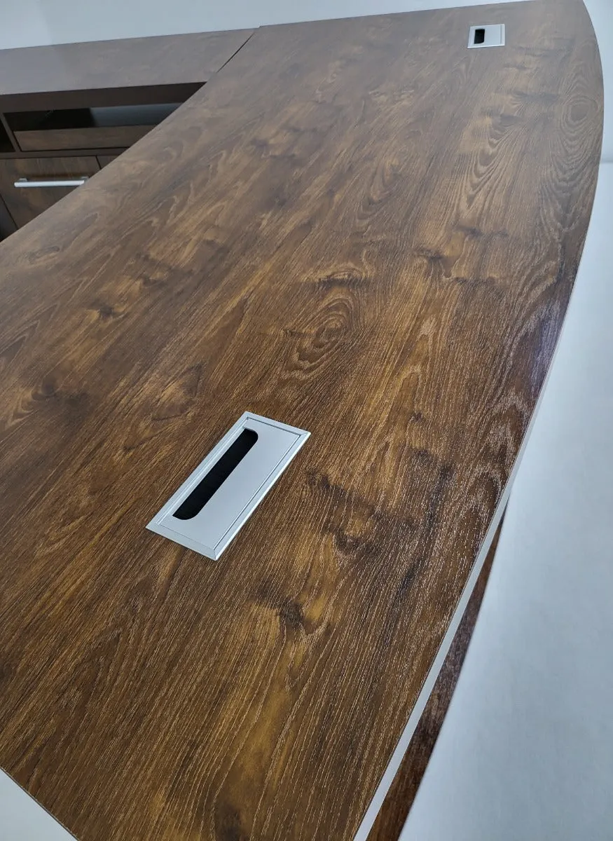 Dark Oak Curved Executive Office Desk with Mobile Return and Pedestal - 2000mm - KW-8668