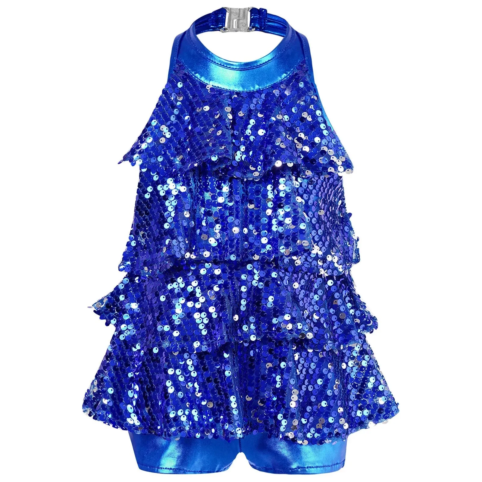 Girls Modern Jazz Latin Ballet Dance Costume  Shiny Sequin Short Unitard Dress