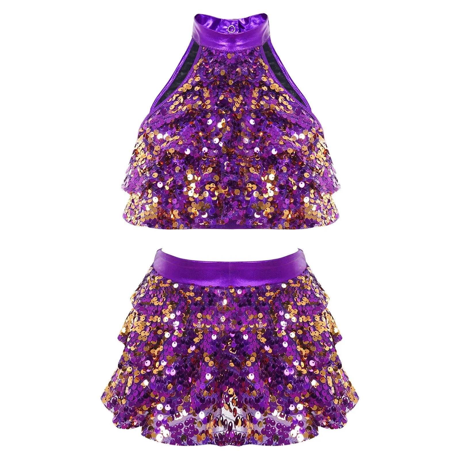 Girls Modern Jazz Latin Ballet Dance Costume  Shiny Sequin Short Unitard Dress