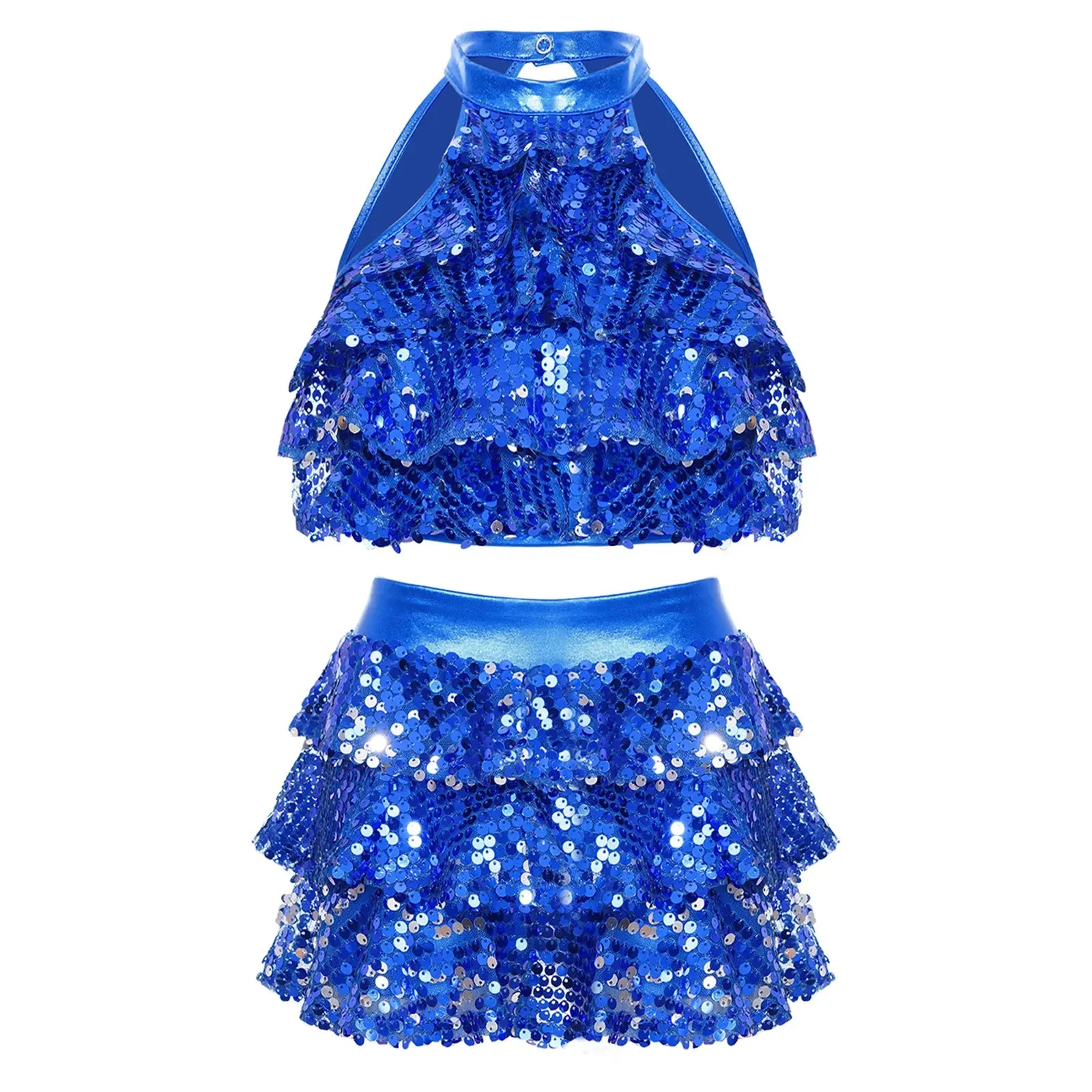 Girls Modern Jazz Latin Ballet Dance Costume  Shiny Sequin Short Unitard Dress