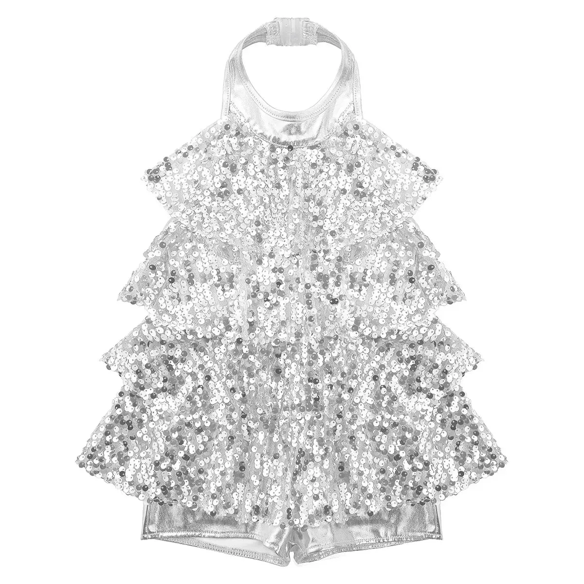 Girls Modern Jazz Latin Ballet Dance Costume  Shiny Sequin Short Unitard Dress