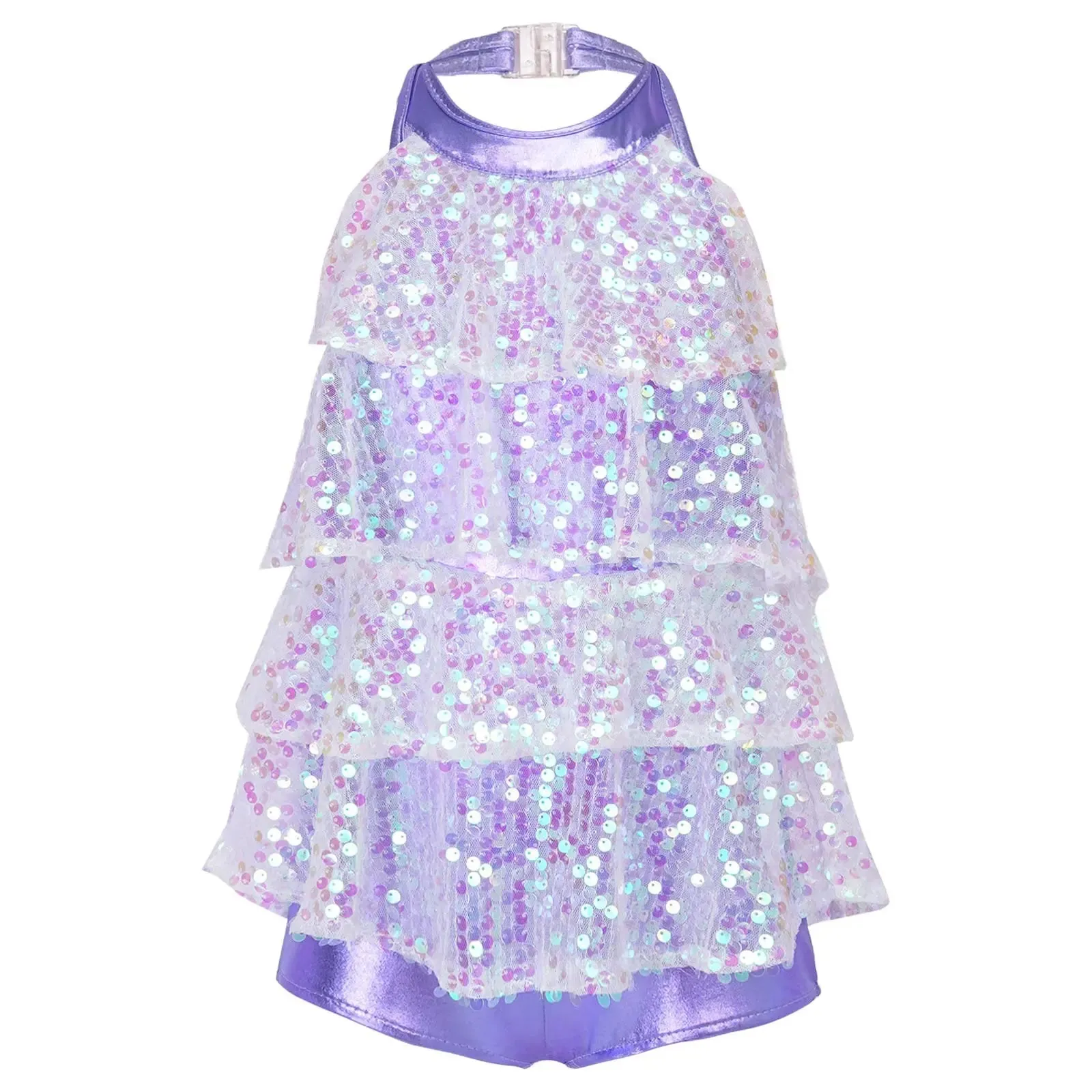 Girls Modern Jazz Latin Ballet Dance Costume  Shiny Sequin Short Unitard Dress