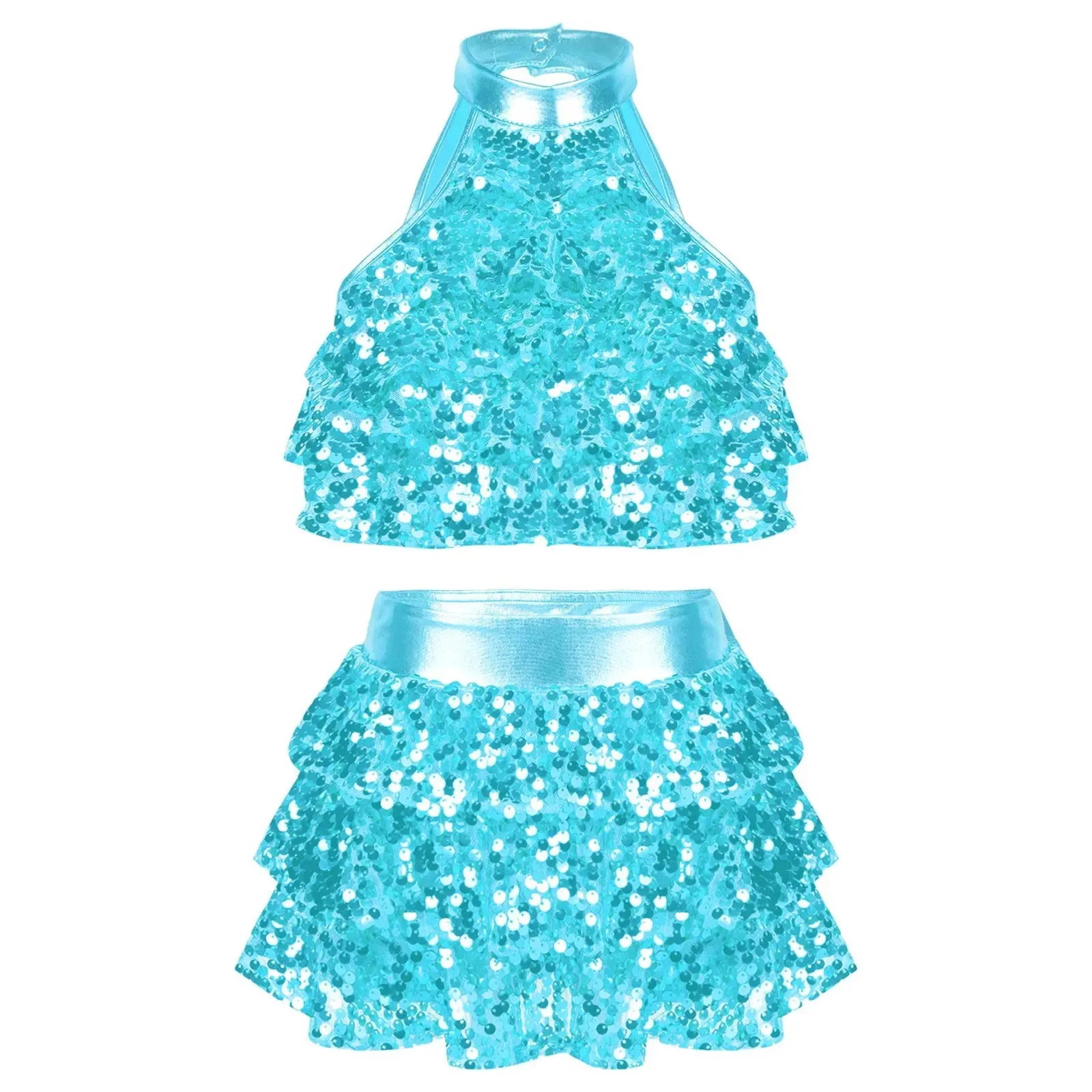 Girls Modern Jazz Latin Ballet Dance Costume  Shiny Sequin Short Unitard Dress