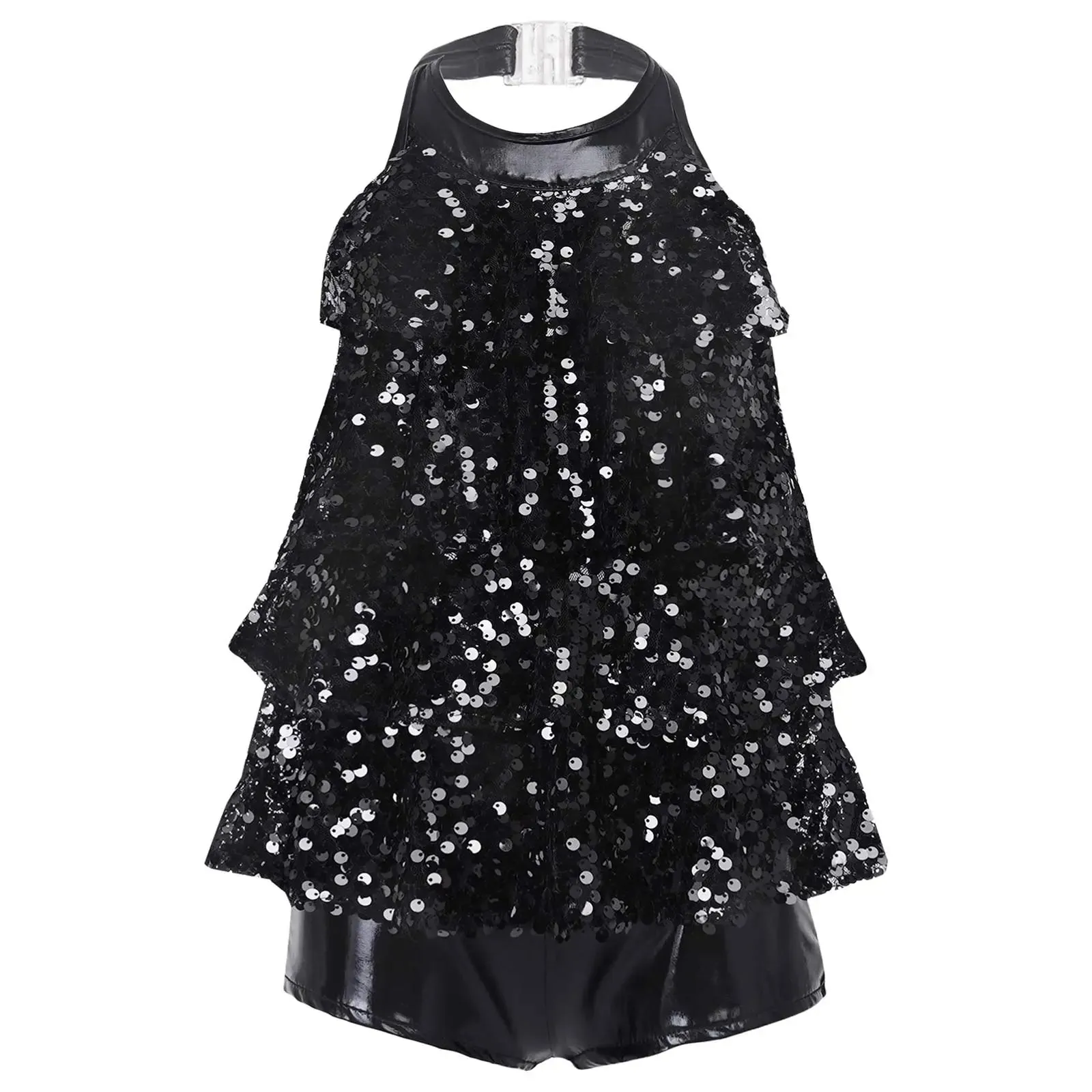 Girls Modern Jazz Latin Ballet Dance Costume  Shiny Sequin Short Unitard Dress
