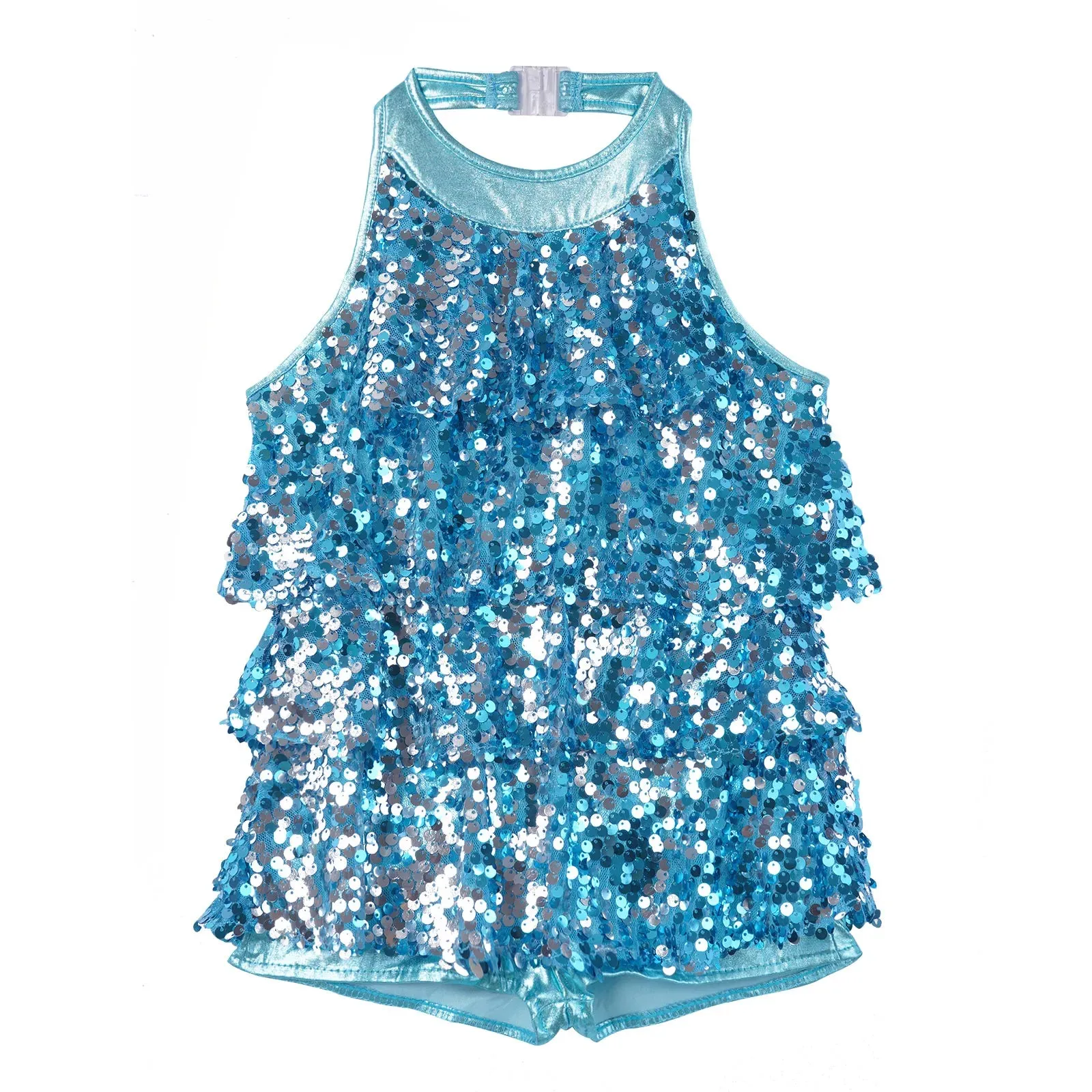 Girls Modern Jazz Latin Ballet Dance Costume  Shiny Sequin Short Unitard Dress