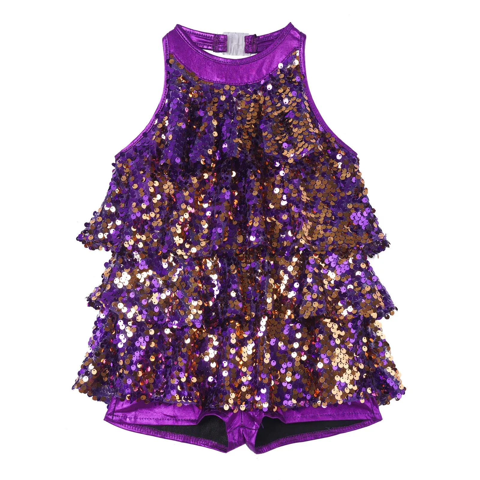 Girls Modern Jazz Latin Ballet Dance Costume  Shiny Sequin Short Unitard Dress
