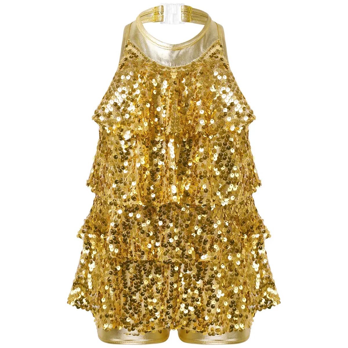 Girls Modern Jazz Latin Ballet Dance Costume  Shiny Sequin Short Unitard Dress