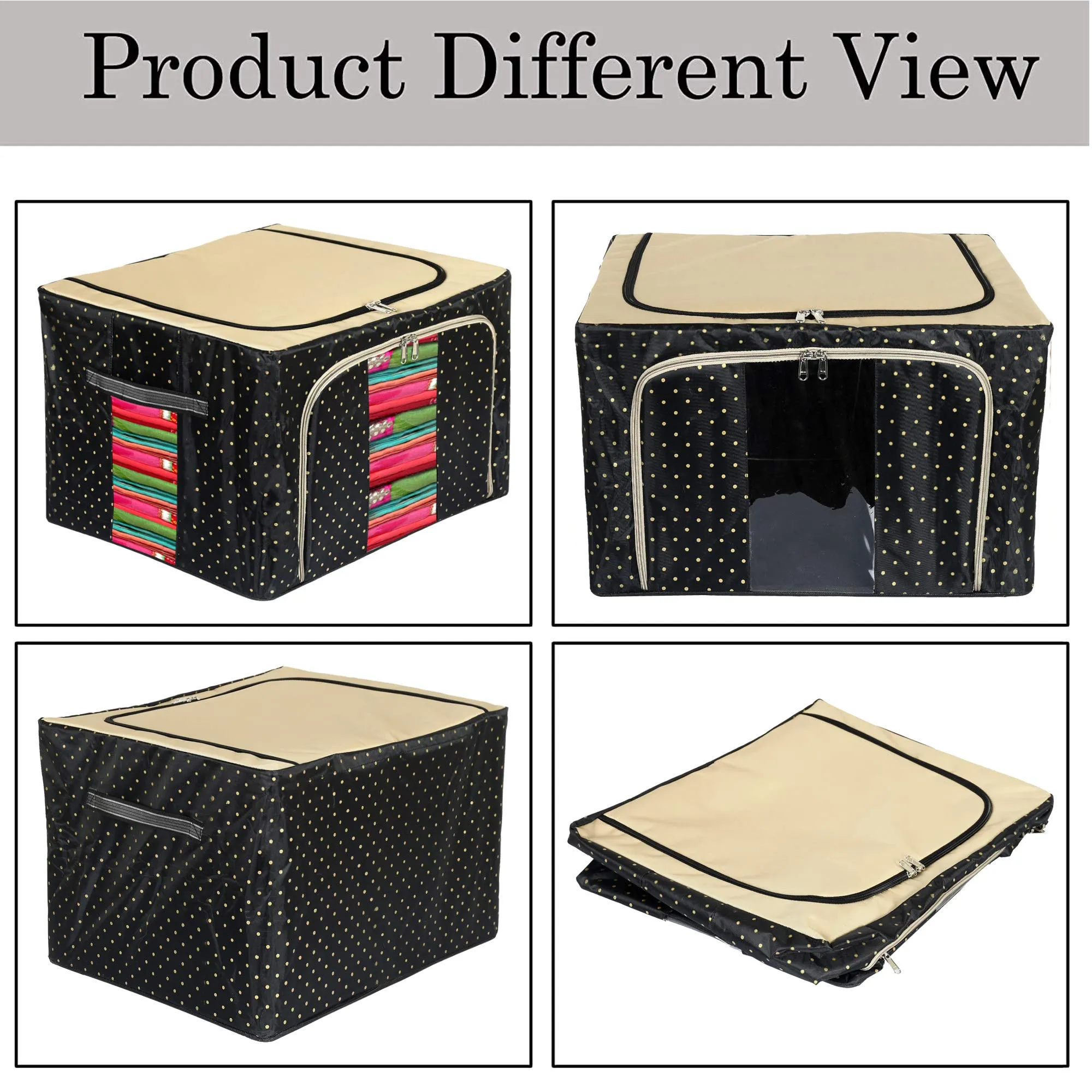 Heart Home Dot Printed Steel Frame Living Box, Closet Organizer, Cloth Storage Boxes for Wardrobe With Clear Window, 44Ltr. (Black & Grey)-44HH0238