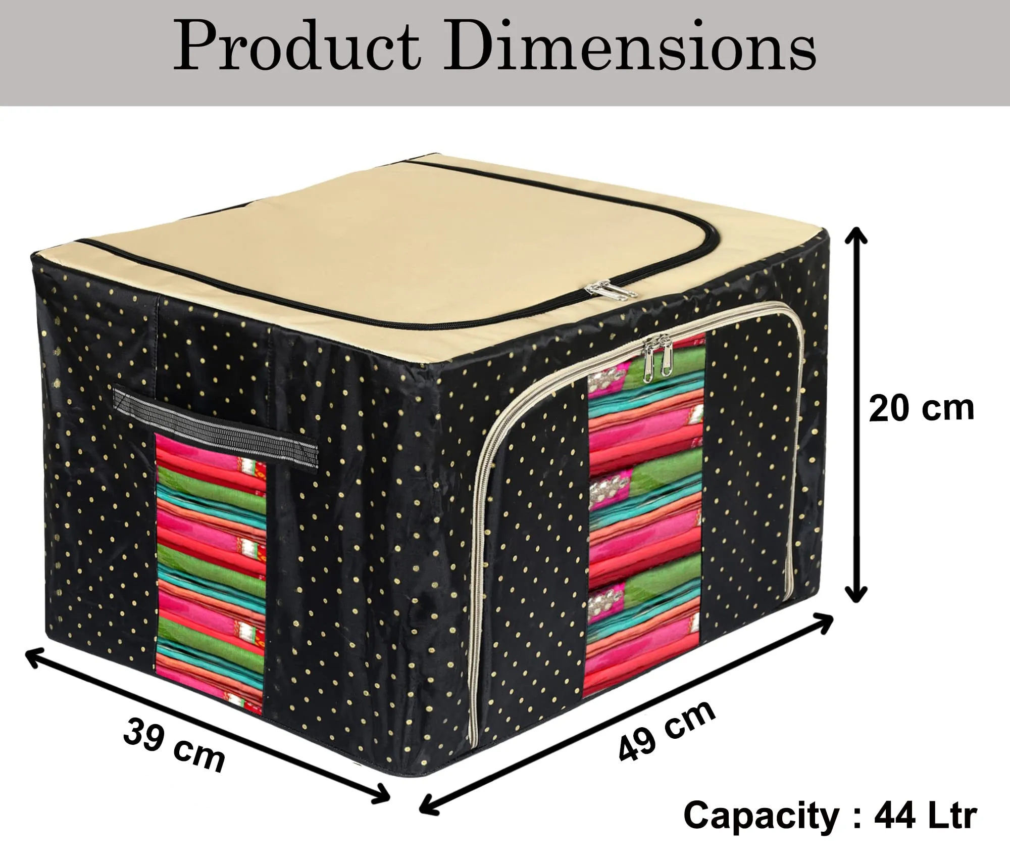 Heart Home Dot Printed Steel Frame Living Box, Closet Organizer, Cloth Storage Boxes for Wardrobe With Clear Window, 44Ltr. (Black & Grey)-44HH0238