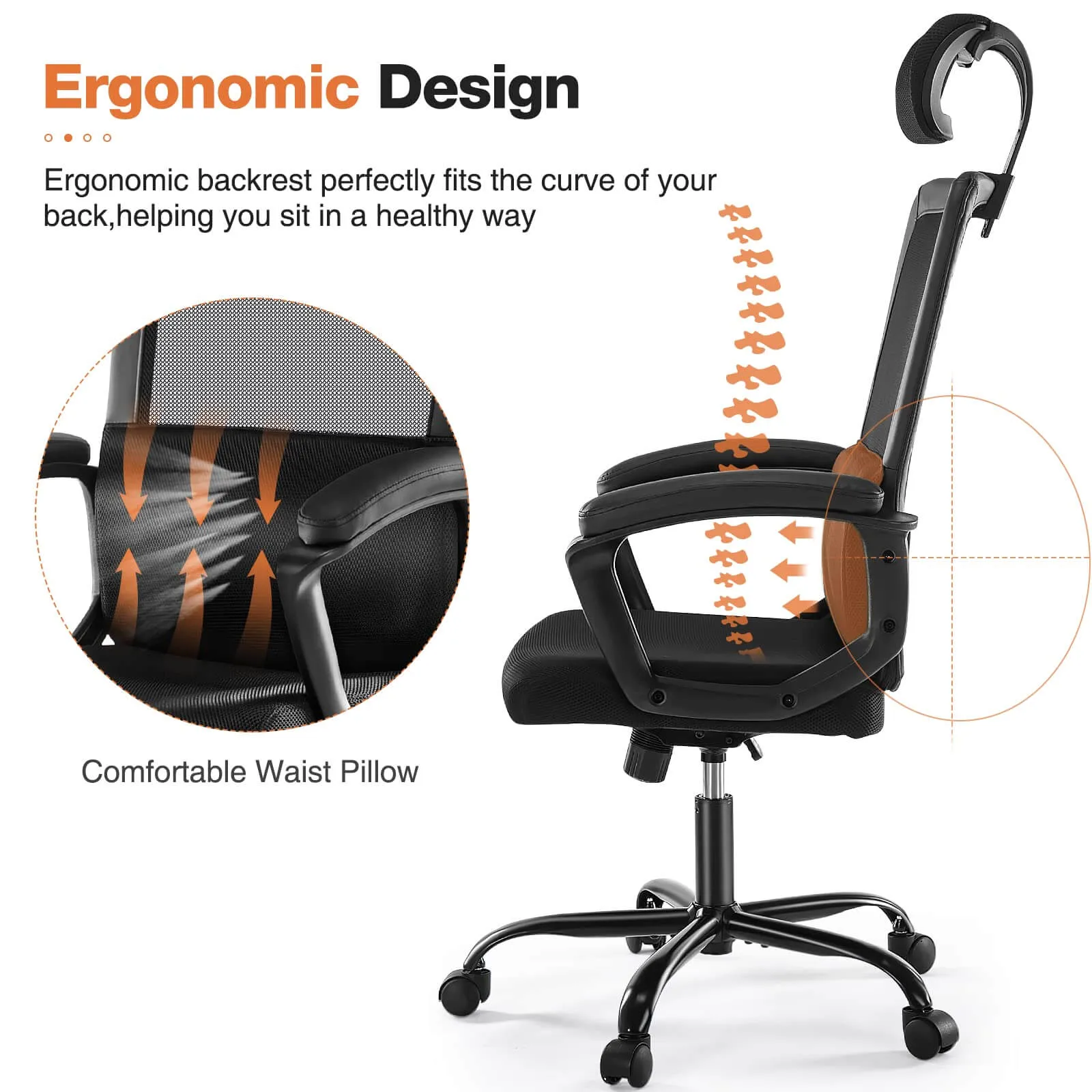 High Back Ergonomic Swivel Office Chair with Adjustable Headrest and Lumbar Support