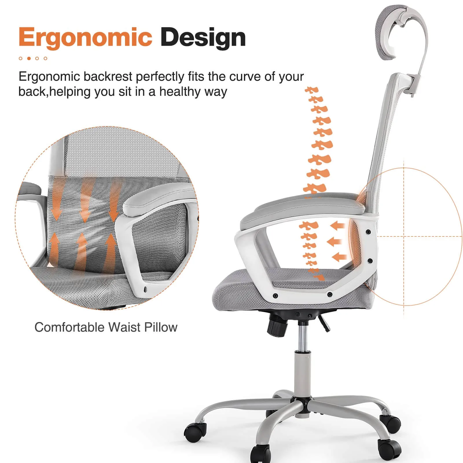 High Back Ergonomic Swivel Office Chair with Adjustable Headrest and Lumbar Support