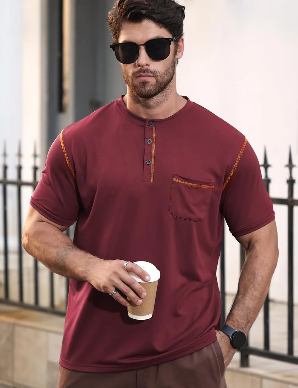 Men's Henley Shirt Short Sleeve T-Shirt Casual Top Pullover Summer Lightweight Tee Shirts with Button