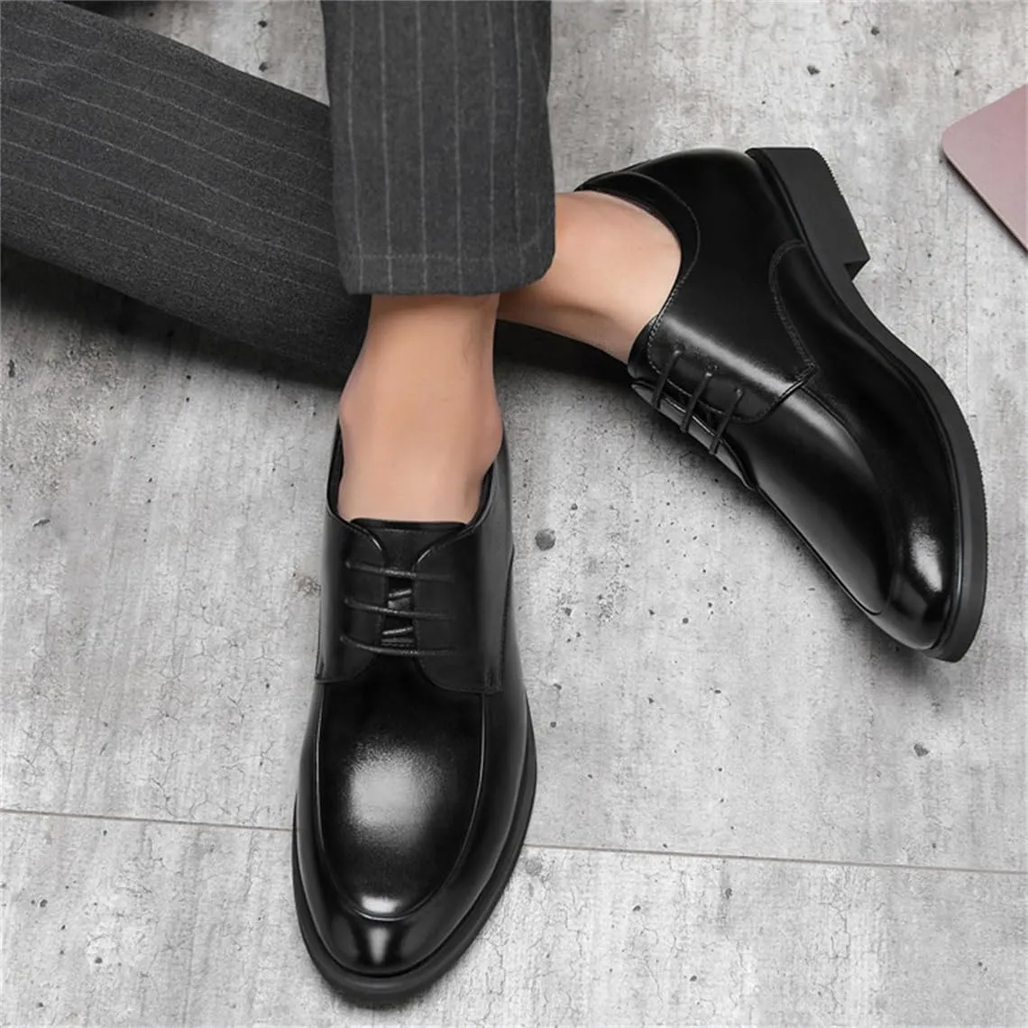 Men's Pointed Toe Elevator Formal Dress Shoes Lace Up Stylish Business Shoes Non-Slip Office Wedding Casual Leather Shoes