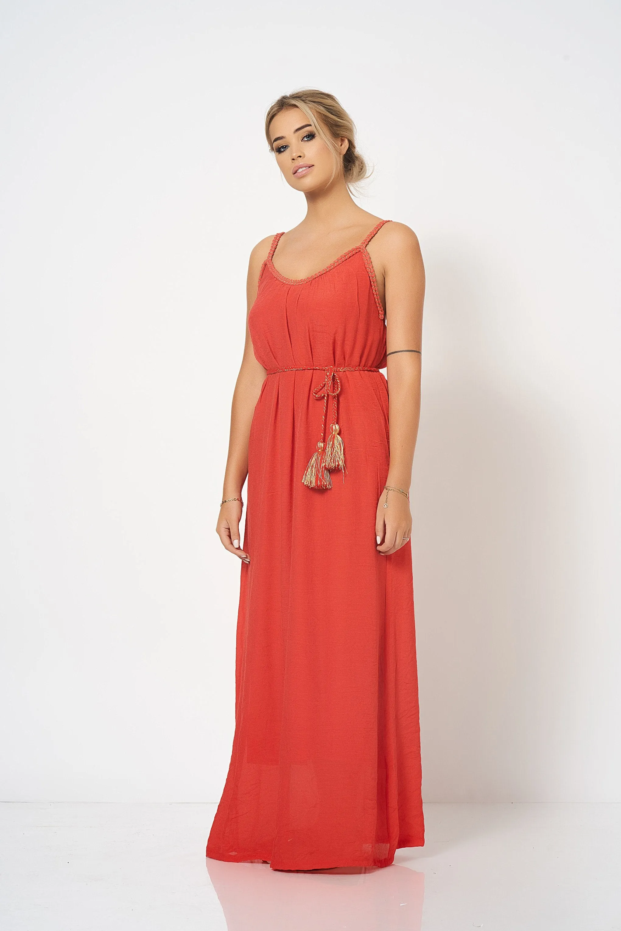 Red Strap Detail Maxi Dress