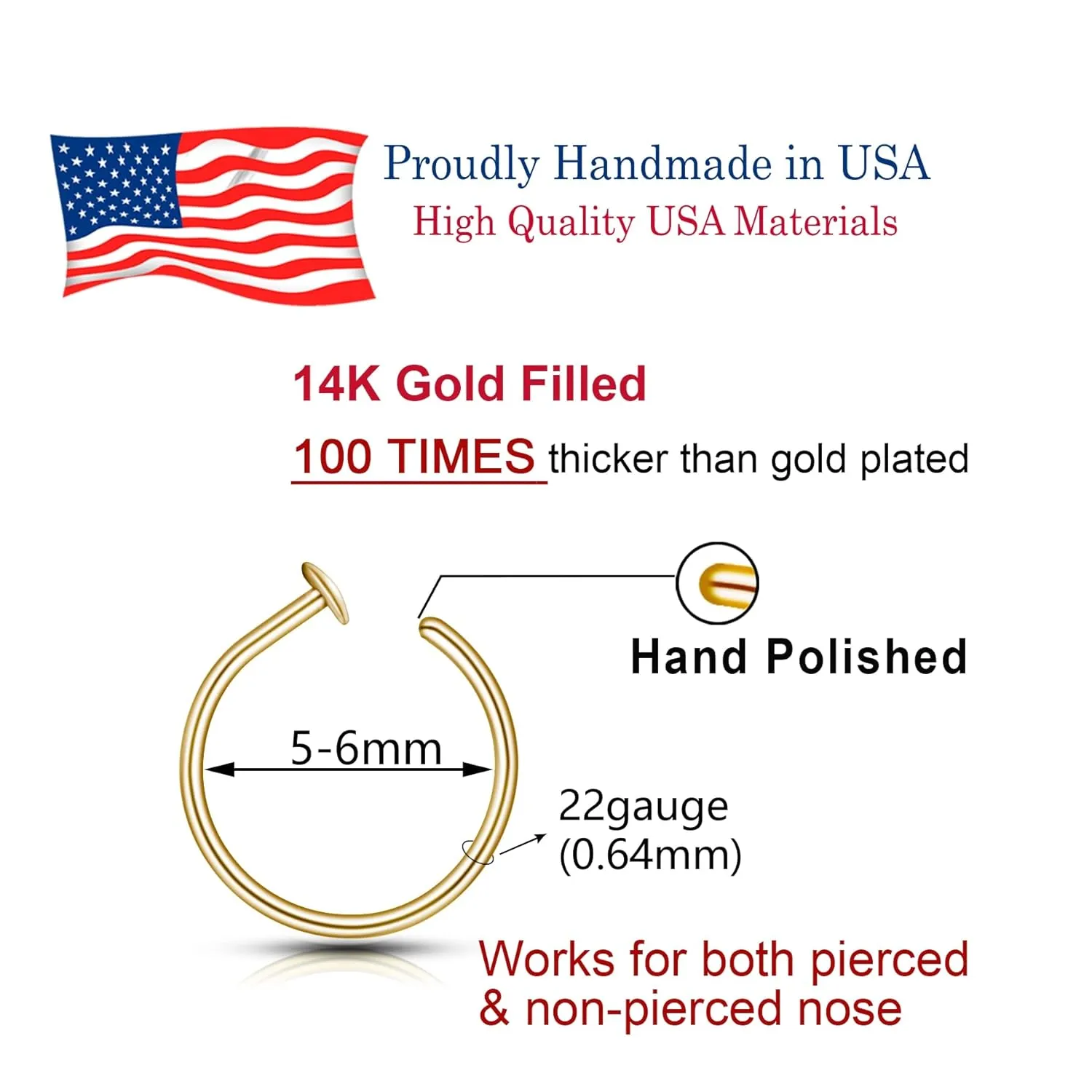 Small Thin Gold or Sterling Silver Nose Ring Hoop for Women, Adjustable with Stopper (14k Gold-Filled, 5-6mm / 22 gauge)