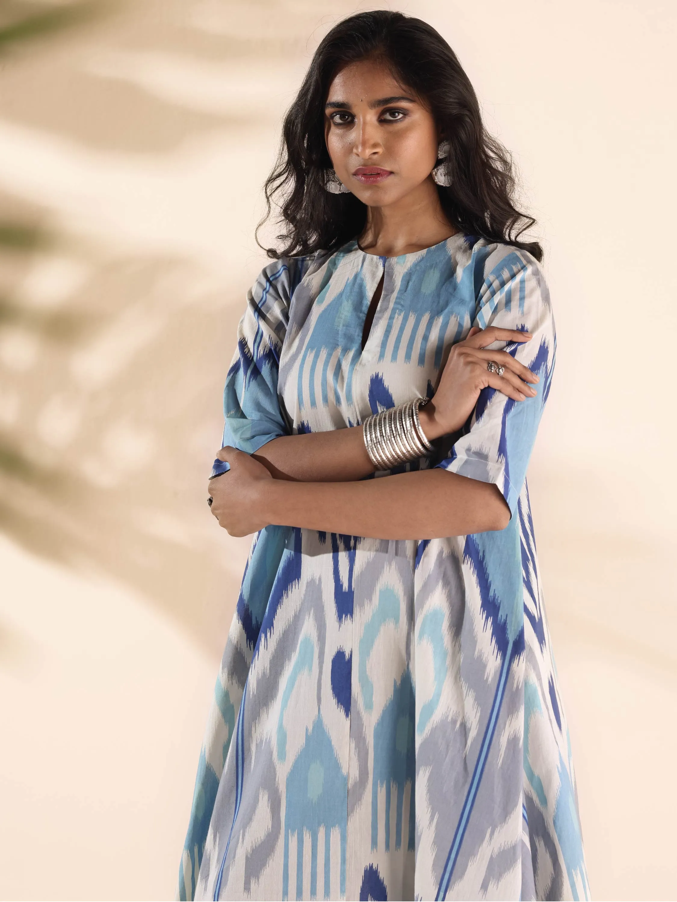 trueBrowns Blue Cotton Ikat Flared Kurta Pant Set
