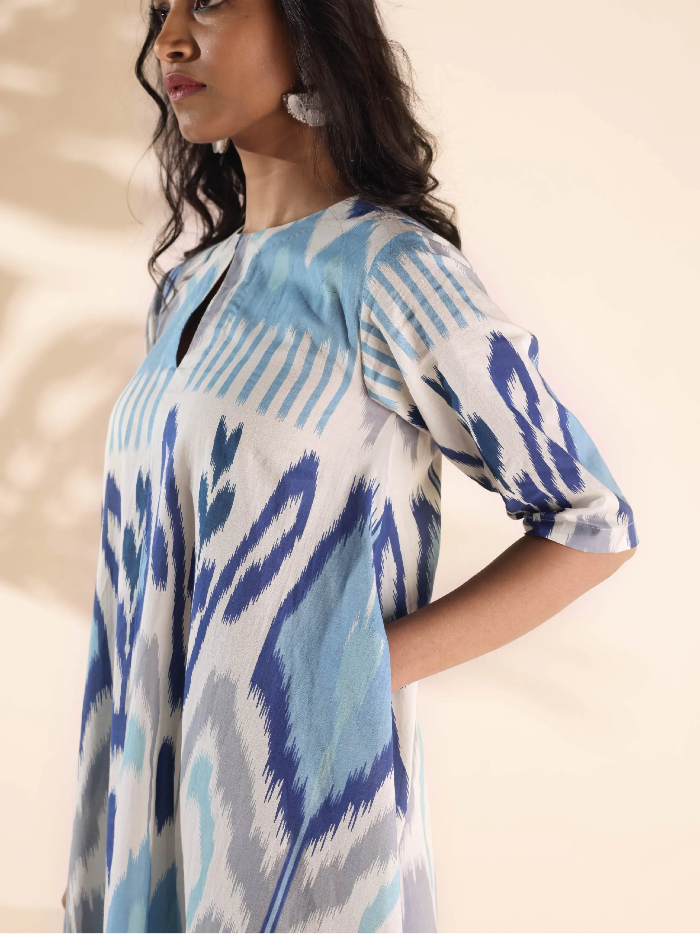 trueBrowns Blue Cotton Ikat Flared Kurta Pant Set